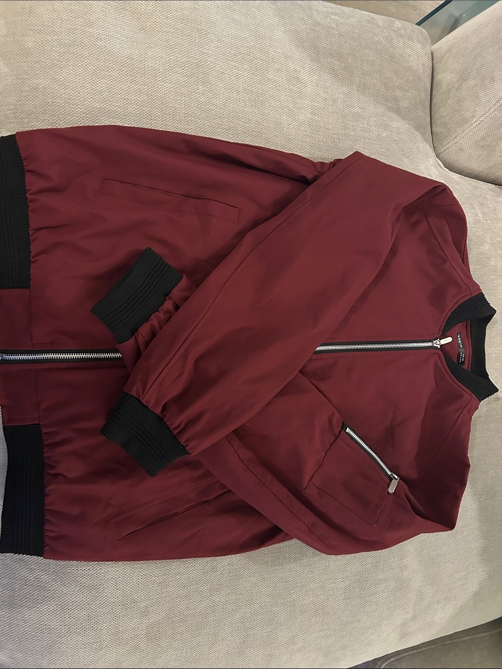 SHEIN Maroon Bomber Jacket with Black Trim